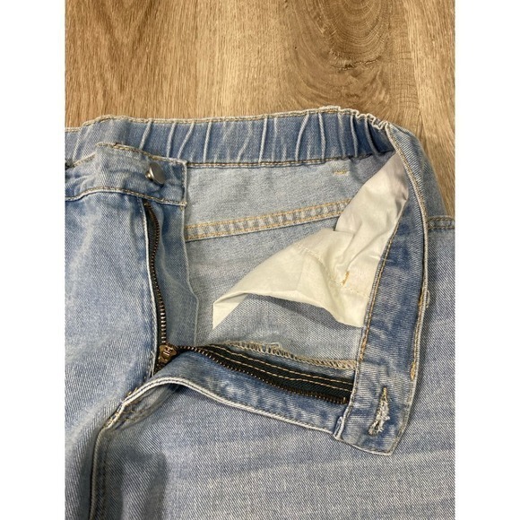 Shein Curve Pants Distressed Denim‎ Blue Ripped Knees Flower Butterfly Pockets - Picture 8 of 9